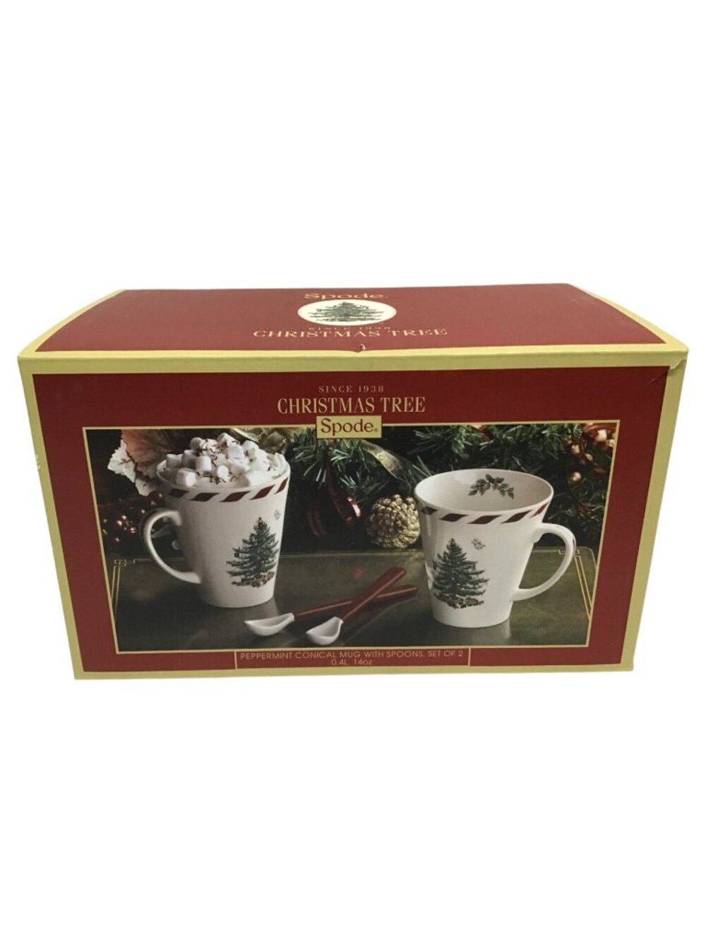 Spode Christmas Tree Peppermint Conical Mug Set with Spoons Set of 2